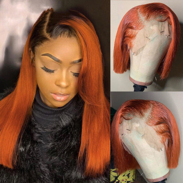 Gradient Color Short Bob Wig Orange Lace Front Human Hair Wig - Image 3