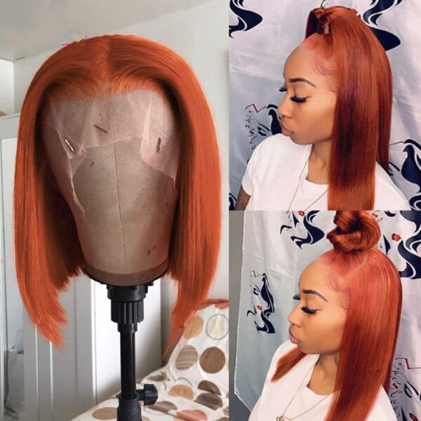 Gradient Color Short Bob Wig Orange Lace Front Human Hair Wig - Image 2